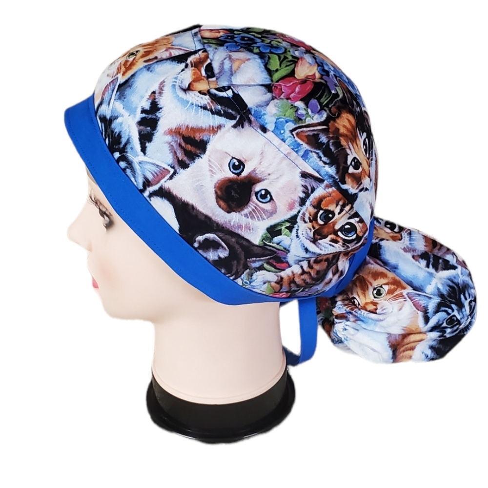 CATS, KITTENS & FLOWERS Ponytail Scrub Cap, Medical Hat, Nurse & Doctor Hat